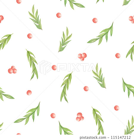 Seamless pattern of watercolor berries and leaves on a white background, festive pattern Seamless pattern of watercolor berries and leaves on a white background, festive pattern 115147212