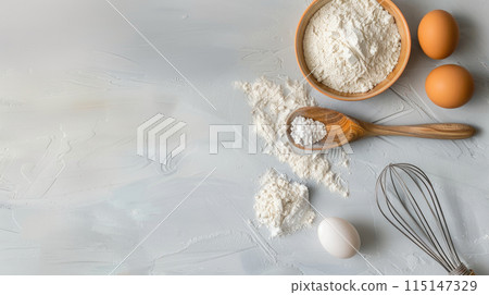 Baking background with flour, eggs, whisk 115147329