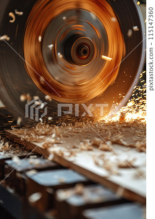 Circular saw cutting a wooden board. Circular saw cutting a wooden board. 115147360