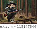 Cartoon puppy in camouflage gear holding a rifle, walking through a dense forest with a backdrop of tall trees and moss-covered ground, adding to the adventurous scene. 115147644