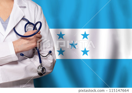 Honduran medicine and healthcare concept. Doctor close up against flag of Honduras background Honduran medicine and healthcare concept. Doctor close up against flag of Honduras background 115147664