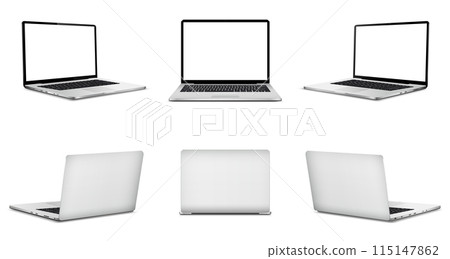 Set of laptop computers with blank white screen, front and rear view 115147862