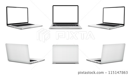 Realistic laptop mockup with blank screen isolated on white background, perspective laptop mock up different angles views Realistic laptop mockup with blank screen isolated on white background, perspective laptop mock up different angles views 115147863