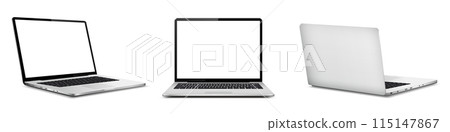 Laptop computer with white screen, front and rear view 115147867