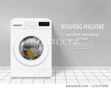 Washing machine with color clothes vector mockup Washing machine with color clothes vector mockup 115147869