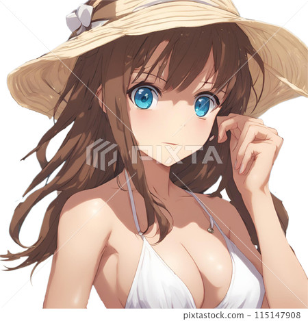 Beautiful brown-haired woman with blue eyes and a straw hat wearing a white bikini 115147908