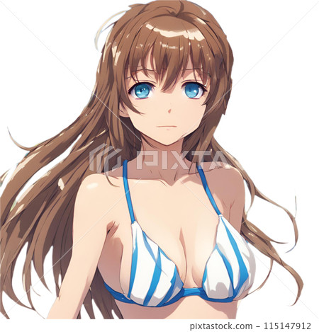 Beautiful brown-haired woman with blue eyes wearing a striped bikini facing forward 115147912