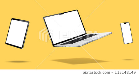 Laptop computer, smartphone and tablet while levitating in the air on a yellow background Laptop computer, smartphone and tablet while levitating in the air on a yellow background 115148149