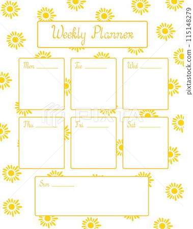 Blank printable Summer Weekly Planner template for seasonal planning with simple yellow suns decor hand drawn vector illustration, things to do reminder, fill in page to organize any life event Blank printable Summer Weekly Planner template for seasonal planning with simple yellow suns decor hand drawn vector illustration, things to do reminder, fill in page to organize any life event 115148279