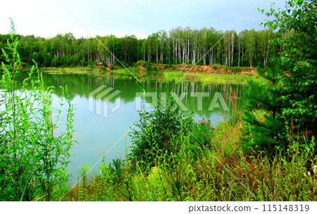 Lake with blue green surface Lake with blue green surface 115148319