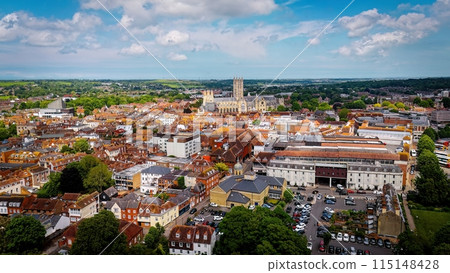 Aerial view over Canterbury with Canterbury Cathedral in the historic district - UK drone 115148428
