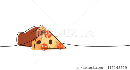 Hand holding a italian pizza slice one line colored continuous drawing. Traditional italian fast food continuous one line illustration. Hand holding a italian pizza slice one line colored continuous drawing. Traditional italian fast food continuous one line illustration. 115148559