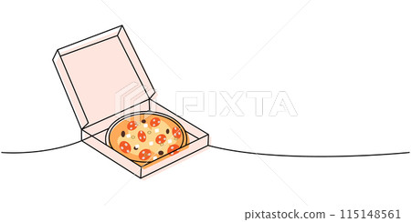 Pizza with ingredients in a box one line colored continuous drawing. Traditional italian fast food continuous one line illustration. Pizza with ingredients in a box one line colored continuous drawing. Traditional italian fast food continuous one line illustration. 115148561