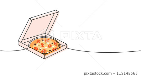 Pizza with ingredients in a box one line colored continuous drawing. Traditional italian fast food continuous one line illustration. Pizza with ingredients in a box one line colored continuous drawing. Traditional italian fast food continuous one line illustration. 115148563