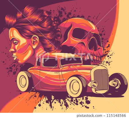 vewctor illustration of hot rod car with woman and skull 115148566