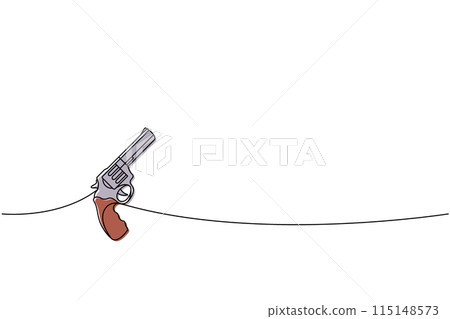 Modern revolver one line colored continuous drawing. Various modern weapons continuous one line illustration. Vector linear illustration. 115148573