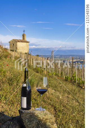 Grand cru vineyard and Chapel of Saint Christopher, Tain l'Hermitage, Rhone-Alpes, France 115148596