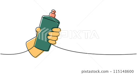 Hand with anti-bacterial spray one line colored continuous drawing. Cleaning service tools continuous one line illustration. Vector illustration. Hand with anti-bacterial spray one line colored continuous drawing. Cleaning service tools continuous one line illustration. Vector illustration. 115148600