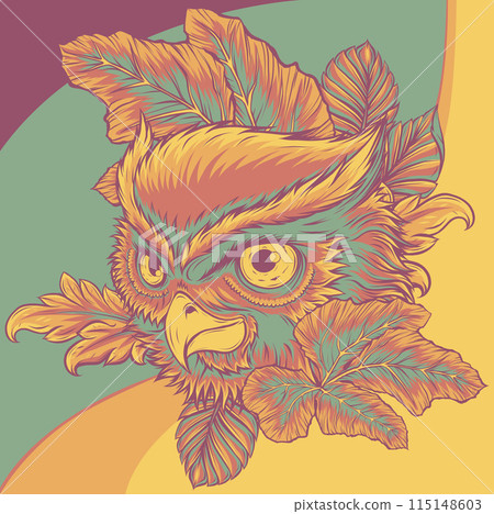 vector illustration of owl head with leaves vector illustration of owl head with leaves 115148603