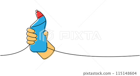Hand with toilet cleaner one line colored continuous drawing. Cleaning service tools continuous one line illustration. Vector linear illustration. Hand with toilet cleaner one line colored continuous drawing. Cleaning service tools continuous one line illustration. Vector linear illustration. 115148604