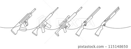 Modern weapons one line continuous drawing. Tactical assault rifles, smoothbore guns continuous one line illustration. Vector linear illustration. 115148650
