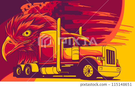 vector illustration of semi truck with american flag and eagle head 115148651