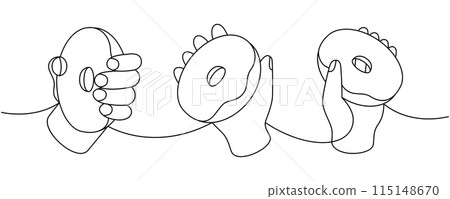 Hands holding donuts one line continuous drawing. Bakery sweet pastry food. Vector linear illustration. 115148670