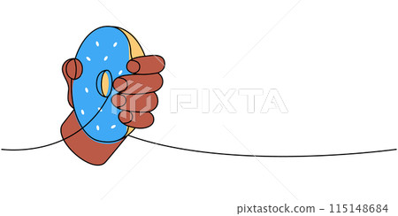 Hand holding a donut one line colored continuous drawing. Bakery sweet pastry food. Vector linear illustration. Hand holding a donut one line colored continuous drawing. Bakery sweet pastry food. Vector linear illustration. 115148684