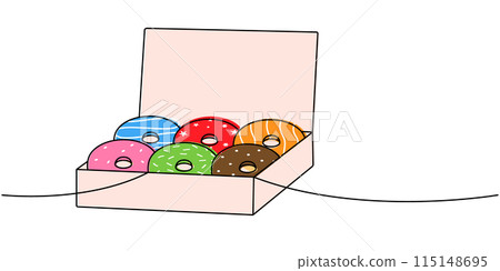 Donuts in a cardboard box one line colored continuous drawing. Bakery sweet pastry food. Vector linear illustration. Donuts in a cardboard box one line colored continuous drawing. Bakery sweet pastry food. Vector linear illustration. 115148695