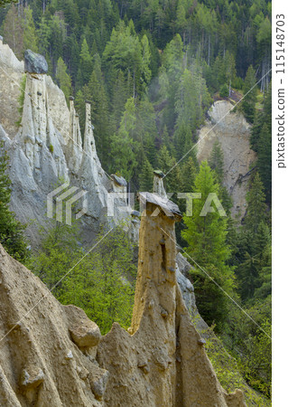 Earth pyramids of Platten (Erdpyramiden - Piramidi di Plata) near Percha and Bruneck,  South Tyrol, Italy 115148703