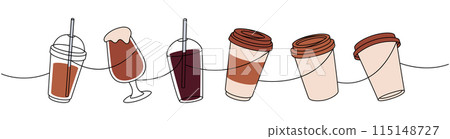Takeaway coffee cups one line colored continuous drawing. Hand drawn elements for coffee shop. Vector linear illustration. Takeaway coffee cups one line colored continuous drawing. Hand drawn elements for coffee shop. Vector linear illustration. 115148727