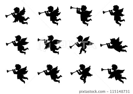 Cherub set. Angel with a wings. Herald angel blowing trumpet. Cherub blowing into a tube. 115148731