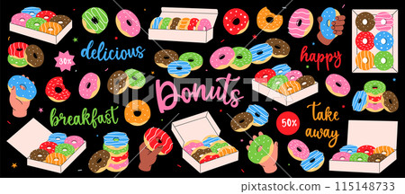Donuts set. Hand drawn elements for confectionery menu, bakery shop. Glazed doughnuts with sprinkles. Bakery sweet pastry food. Vector illustration. 115148733