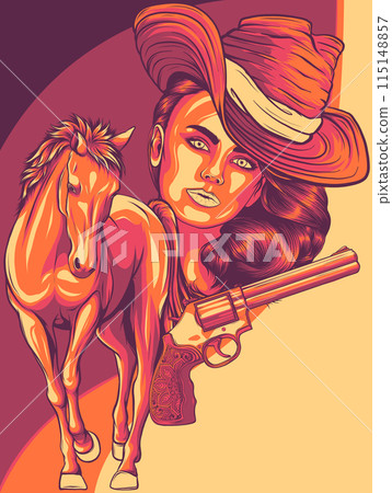 cowgirl woman wearing cowboy hat and with wild mustang horse head vector cowgirl woman wearing cowboy hat and with wild mustang horse head vector 115148857