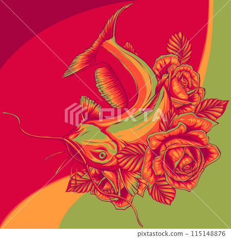 Vector illustration of a big freshwater catfish with flower 115148876