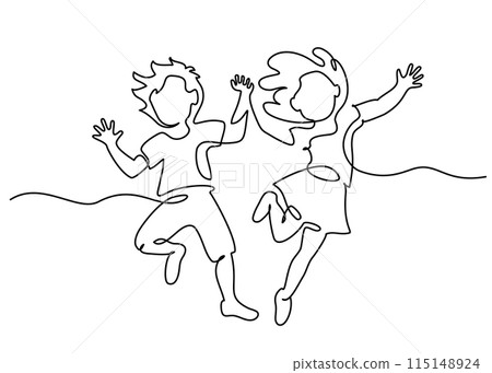 Happy jumping children holding hands. Continuous one line drawing 115148924