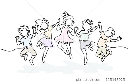 Happy jumping children holding hands. Continuous one line drawing 115148925