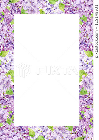 Watercolor frame with purple lilac on a transparent background. Vertical border of spring flowers in lavender color. Create Provence Style Wedding Invitations, Save the Date or Invitations. 115148931