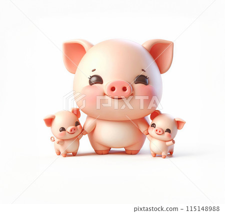 3D funny cute cartoon pig and piglets on white background 115148988
