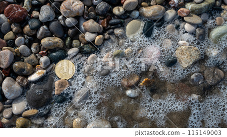 Golden Bitcoin coin placed on a backdrop of large gray stones along the coast, symbolizing the contemporary stability of electronic currency. Golden Bitcoin coin placed on a backdrop of large gray stones along the coast, symbolizing the contemporary stability of electronic currency. 115149003