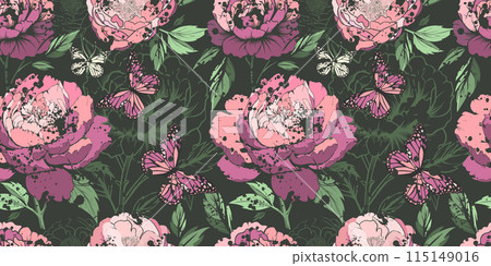 Floral pattern. Peonies seamless pattern with butterflies. Dark rich background. 90s style. hand drawing. Not AI, Vector illustration 115149016