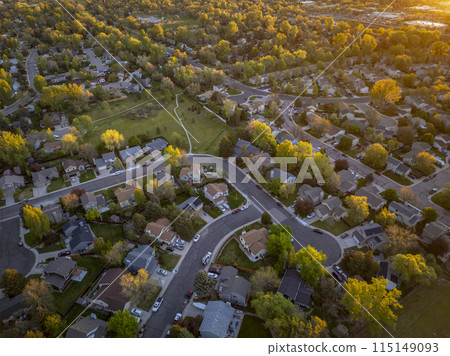 springtime sunrise over residential area of Fort Collins in Colorado, aerial view 115149093