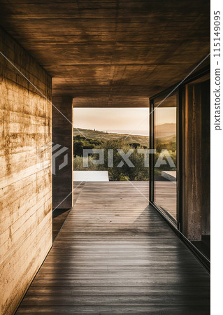 A long hallway with a view of the mountains 115149095