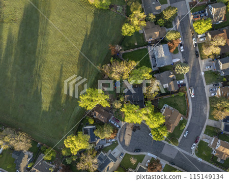spring sunrise over residential area of Fort Collins in northern Colorado, aerial view 115149134