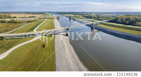 bridges over the Chain of Rock Canal of Mississippi River above St Louis, aerial view in October scenery bridges over the Chain of Rock Canal of Mississippi River above St Louis, aerial view in October scenery 115149136
