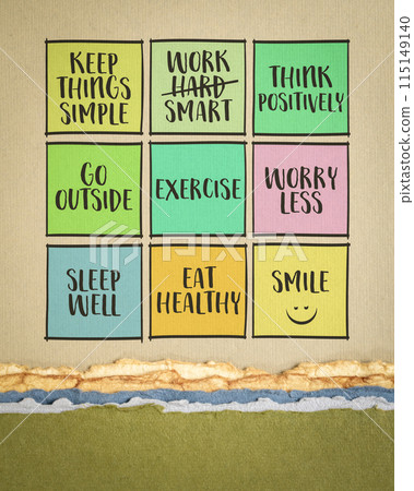 healthy lifestyle reminders, a set of colorful notes on. art paper, personal development concept 115149140