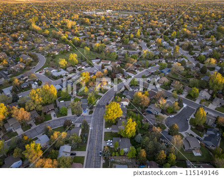 spring sunrise over residential area of Fort Collins in northern Colorado, aerial view spring sunrise over residential area of Fort Collins in northern Colorado, aerial view 115149146
