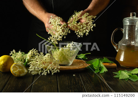 A herbalist makes kvass on the kitchen table using elder flowers and mint leaves. Making a cool and healthy drink at home to prevent and treat viruses A herbalist makes kvass on the kitchen table using elder flowers and mint leaves. Making a cool and healthy drink at home to prevent and treat viruses 115149200