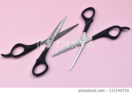 Hair cutting scissors shears kit, professional hairdressing scissors set, beard trimming, shaping grooming thinning shears for men, women, pets, home, salon, barber, cutting kit on pink 115149729