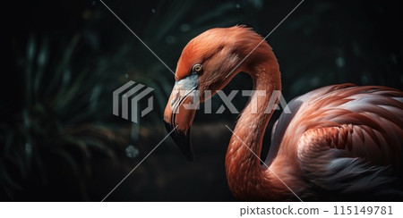Pink flamingo close up standing with forest background. Generative AI 115149781